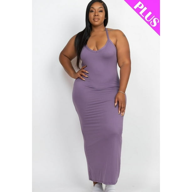 Saronite Vestido Largo Básico de Tirantes con Espalda de Nadador, Color Uva (Talla Grande para Mujer)