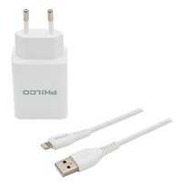 Philco - Cargador De Pared 2 Usb Cable Lightning Blanco R1090