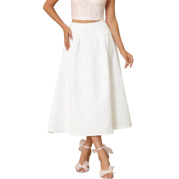 INSPIRE CHIC Falda Jacquard Floral para Mujer, Acampanada, de Cintura Alta, para Fiesta de Cóctel, Vintage, Línea A, Midi, 2XL, Blanca