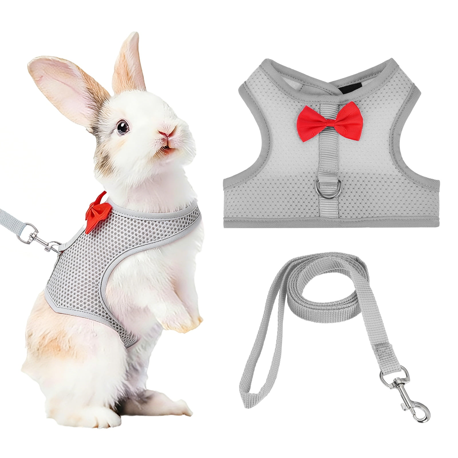 Arnés y Correa para Conejo Uxcell, Arnés de Chaleco Lindo para Mascotas Pequeñas, Correa Ajustable Suave con Hebilla de Malla Transpirable (L, Gris) para Conejito, Gatito, Cerdito Pequeño