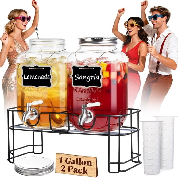 KIKCOIN dispensadores de bebidas de vidrio de 1 galón para fiestas, paquete de 2