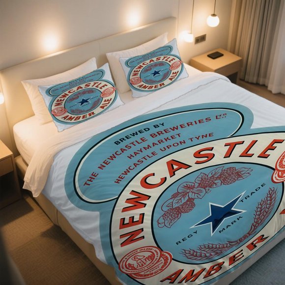 Newcastle Amber Ale Blue and Red Label Duvet Cover Set Independence Day Celebration Bohemian Cartoon Bedding ThreePiece Comes! Zipper Closure for Easy Maintenance