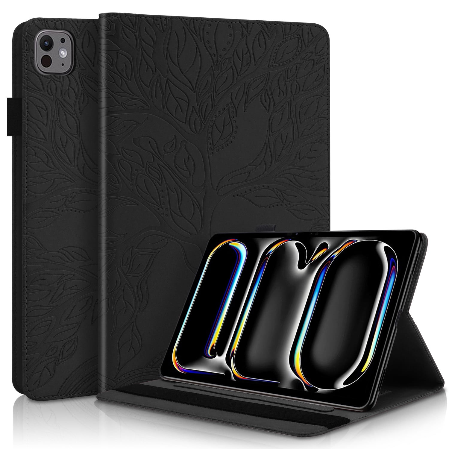 Foxdock - Funda Con Relieve Del Árbol De La Vida Para Tablet Ipad Pro 13(2024) Con Soporte, Ranuras Para Tarjetas Y Soporte Para Lápiz Óptico. Negro