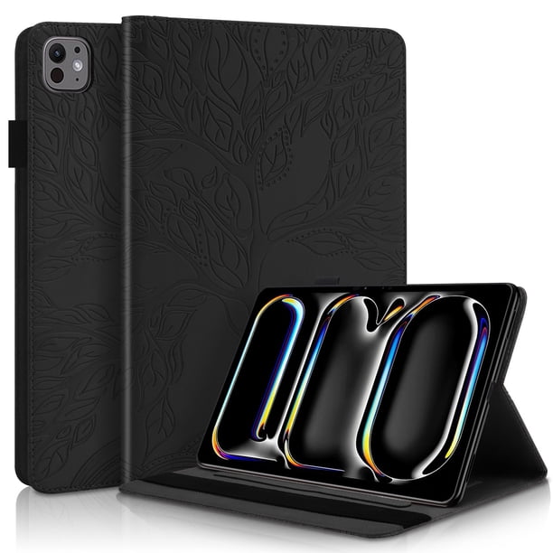 Funda con relieve del Árbol de la Vida para tablet ipad Pro 13(2024) con soporte, ranuras para tarjetas y soporte para lápiz óptico. Negro