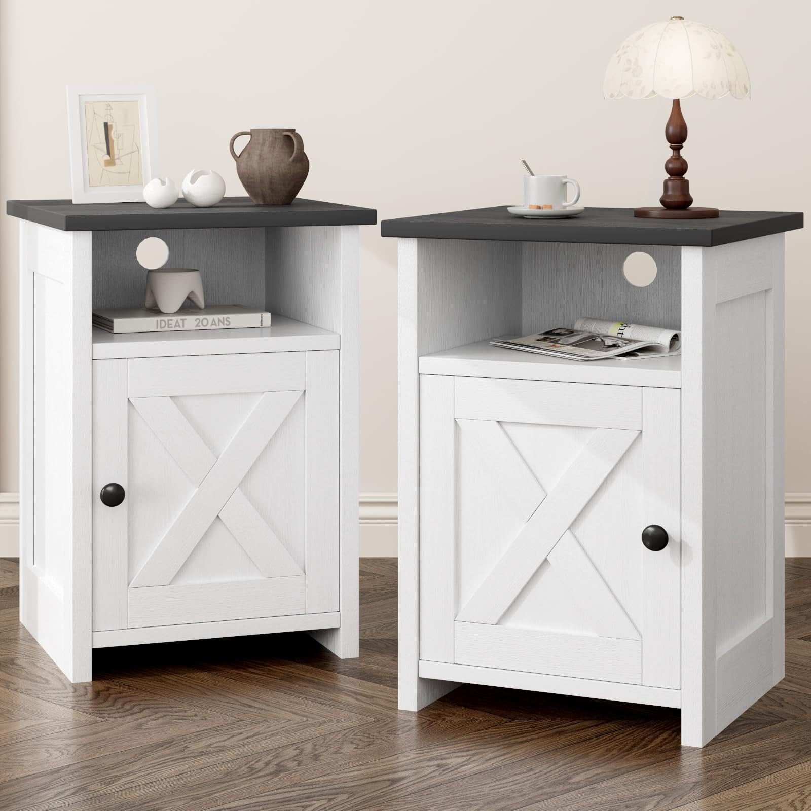 Juego De Mesa Auxiliar Farmhouse Aurinest White Rustic Con Almacenamiento