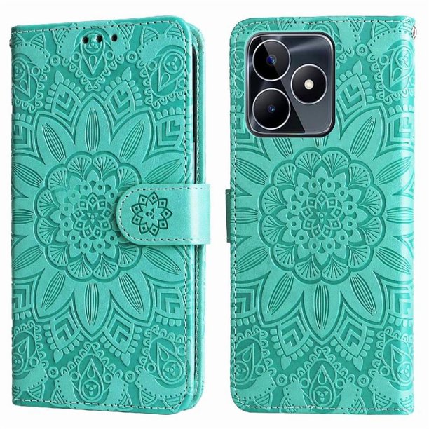 Funda tipo cartera FOXDOCK para Realme C53 , diseño girasol en relieve, cuero PU, cierre magnético, soporte y tarjetero