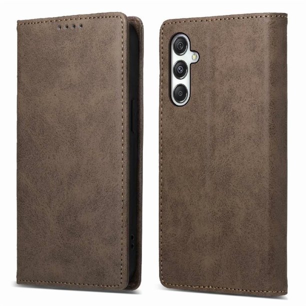 Funda tipo cartera con bloqueo RFID para Samsung Galaxy M35 Con tapa abatible, portatarjetas, cierre magnético, TPU y soporte Marrón