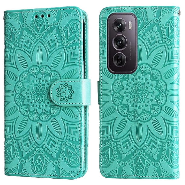 Funda tipo cartera FOXDOCK para OPPO Reno 12 Pro 5G , diseño girasol en relieve, cuero PU, cierre magnético, soporte y tarjetero