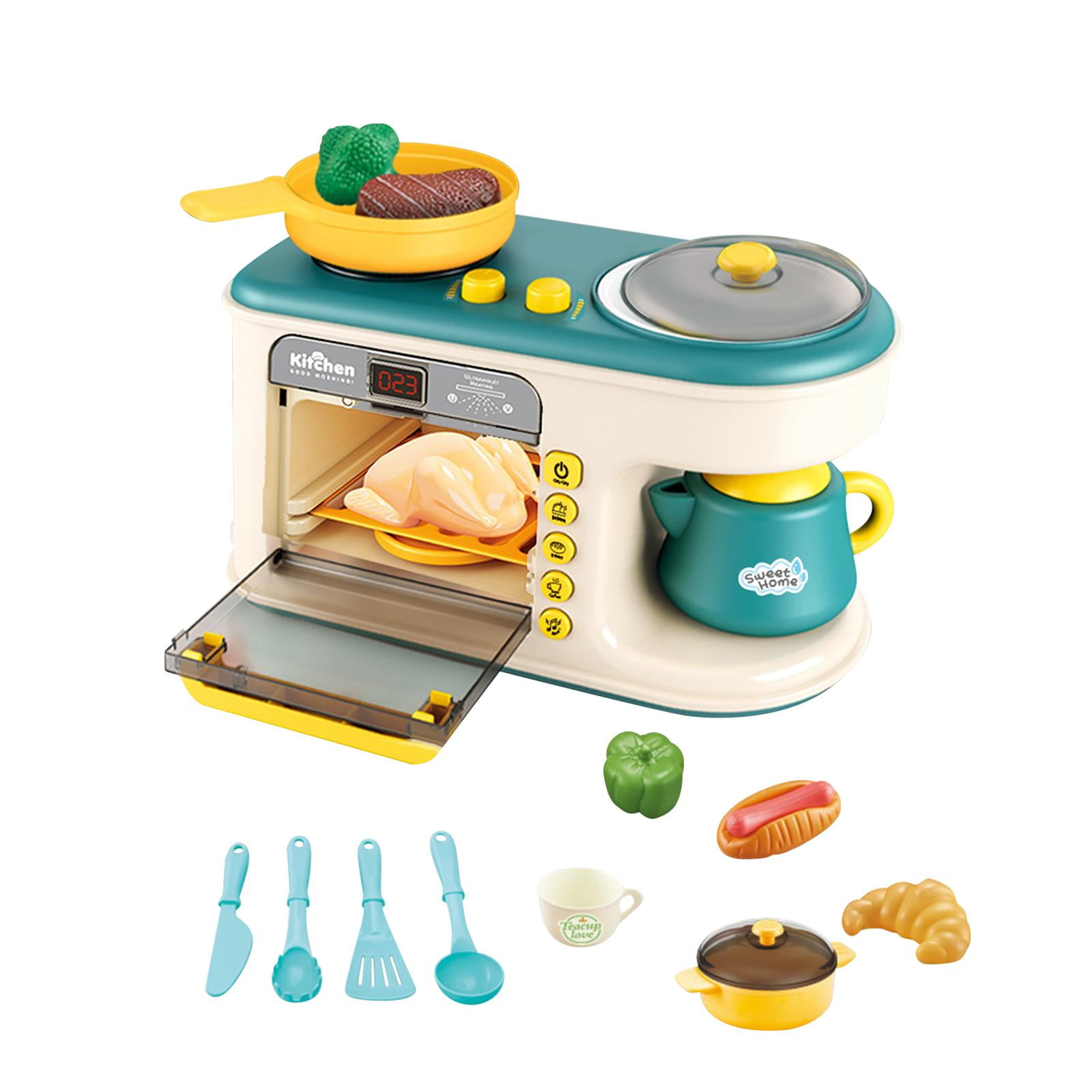 Magideal - Juego De Cocina Con Microondas Para Niños, Juguetes De Cocina, Juego De Simulación Con Efectos De Sonido, Olla Y Sartén, Juego De Juguete Para Niños Verde