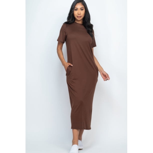 FASHNZFAB Vestido Estilo Camiseta con Bolsillos Laterales, Manga Corta, Cuello Redondo, Color Liso, Talla Grande para Mujer