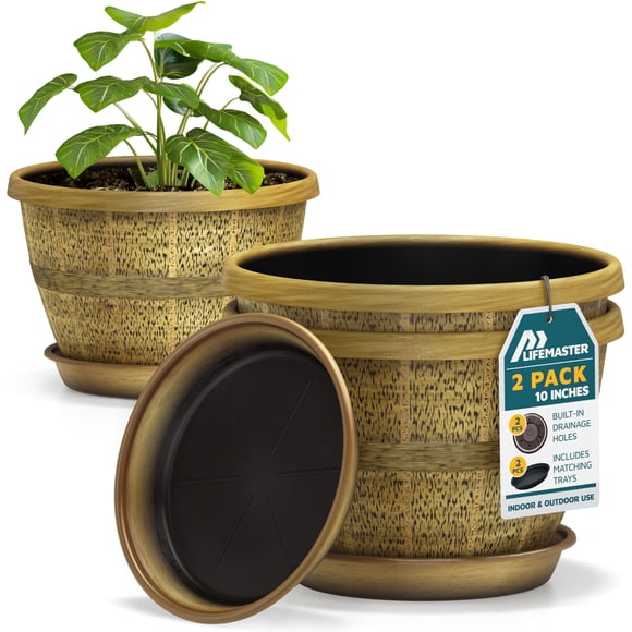 Macetas Lifemaster en forma de barril de whisky, 25 cm, plástico duradero, paquete de 2