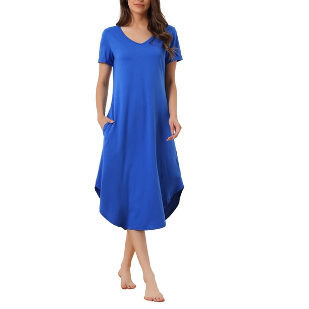 INSPIRE CHIC Camisón largo de manga corta con cuello en V para mujer, vestido de dormir suave con teñido anudado y bolsillos laterales para primavera verano 2XL azul real