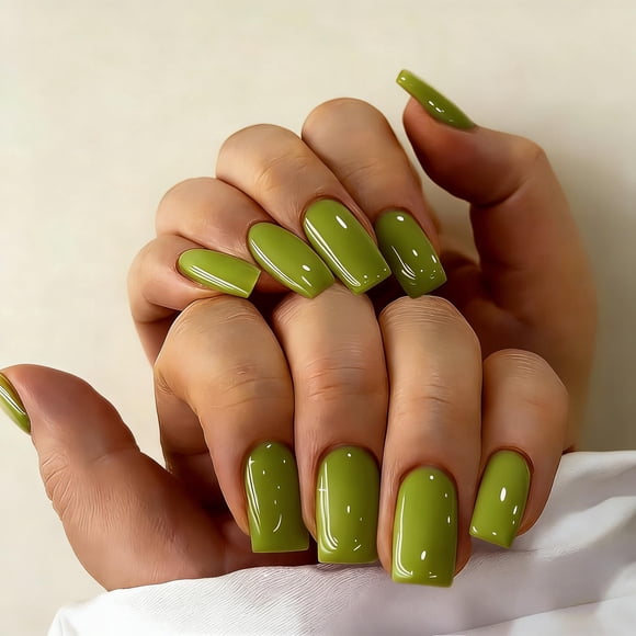 Press On Nails JOYVVEW, cuadrado mediano, verde oliva, para mujer