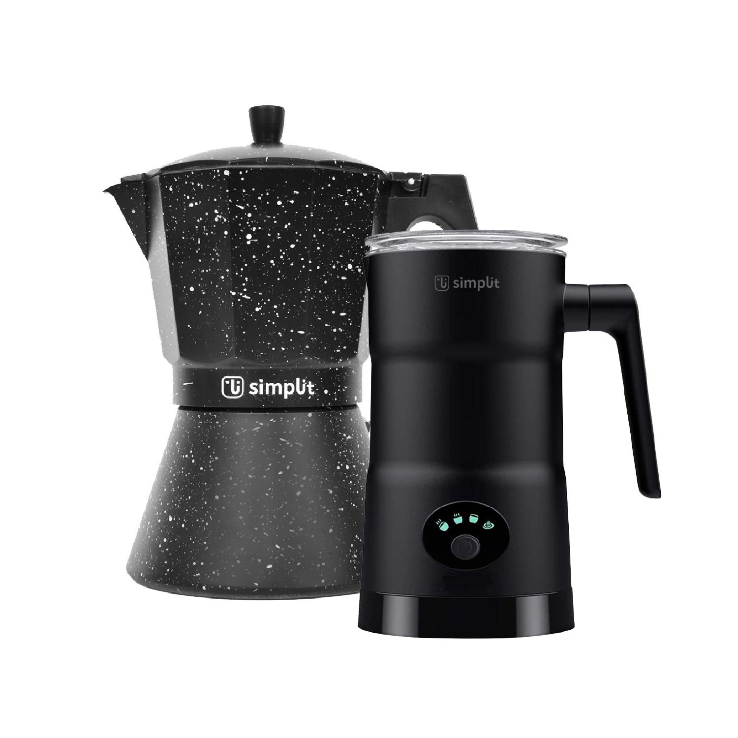 Pack Cafetera Italiana 12 Tz +Espumador 4 En 1 Negro Simplit
