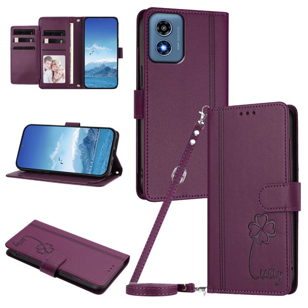 Funda Cartera Trébol para Motorola Moto G Play 2024 4G con Ranuras Tarjetas y Carga Inalámbrica Violeta