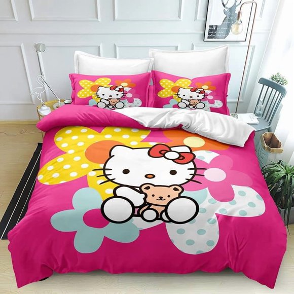 Printed Duvet Quilt Cover Hello Bedding Bed Set Kitty Soft Comforter Microfiber with Zipper Closure Great Match with Any Home Decor