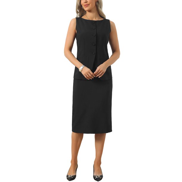 INSPIRE CHIC Conjunto de Falda de Traje de 2 Piezas para Mujer Verano Conjunto de Trabajo de Negocios Chaleco sin Mangas Blazer y Falda Recta XL Negro