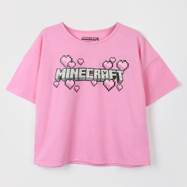 Polera Manga Corta Niña Corazones Rosado Minecraft