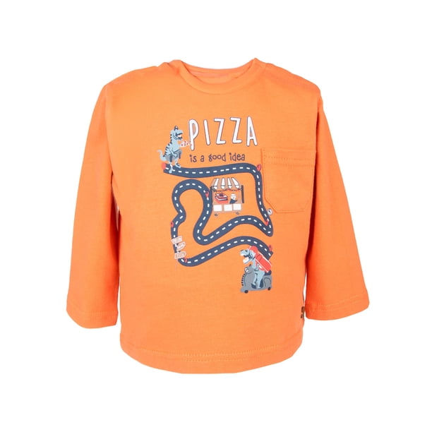 Polera Bebé Niño Manga Larga Estampado y Bolsillo Naranjo
