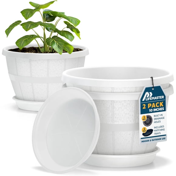 Macetas Lifemaster en forma de barril de whisky, 25 cm, plástico duradero, paquete de 2