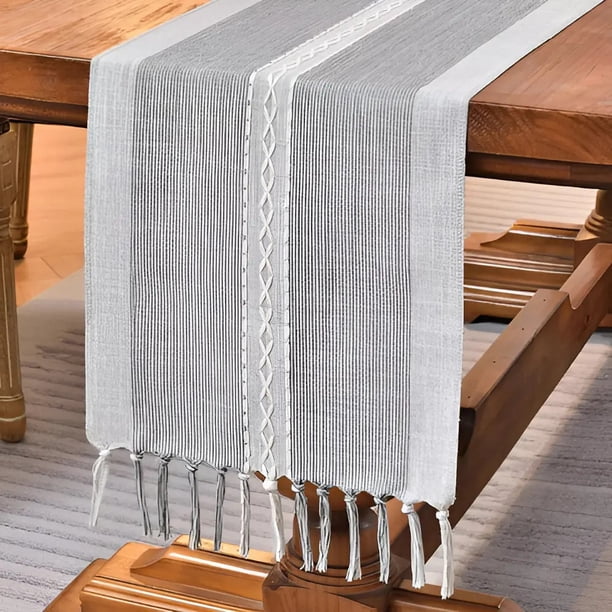 Caminos De Mesa 183 X 33 Cm Lino Y Algodón Mantel Tejido Crochet Gris