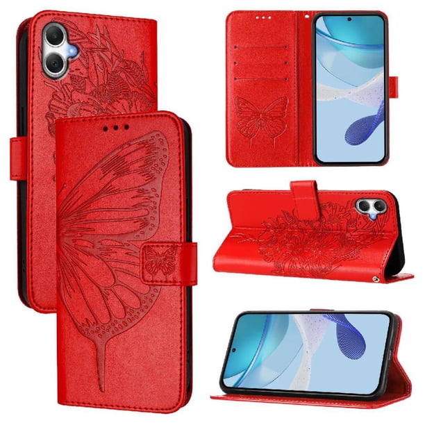 Funda cartera mariposa para Samsung Galaxy A07 4G con soporte y ranuras para tarjetas Rojo
