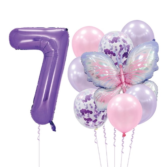 Set de globos con números morados en forma de mariposa con forma de ballena