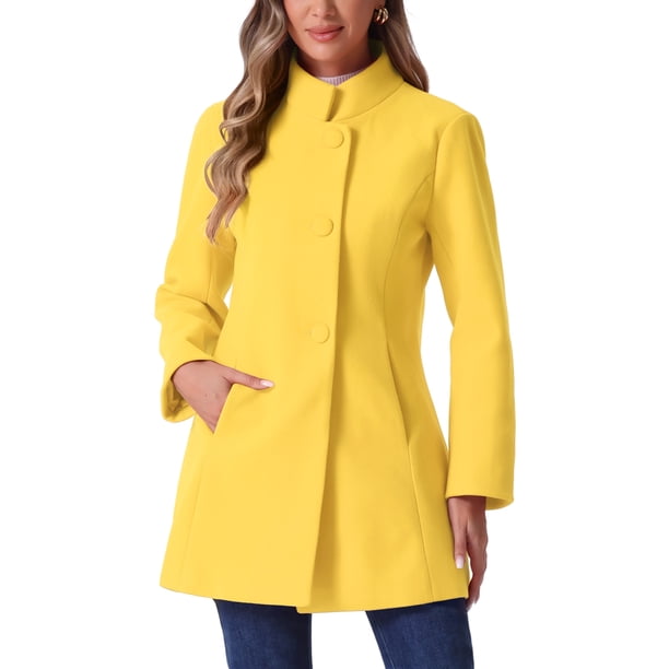 INSPIRE CHIC Abrigo de Mujer de Largo Medio con Cuello Mao, Abotonado, Abrigo de Invierno con Bolsillos Inclinados y Forro Completo Amarillo M