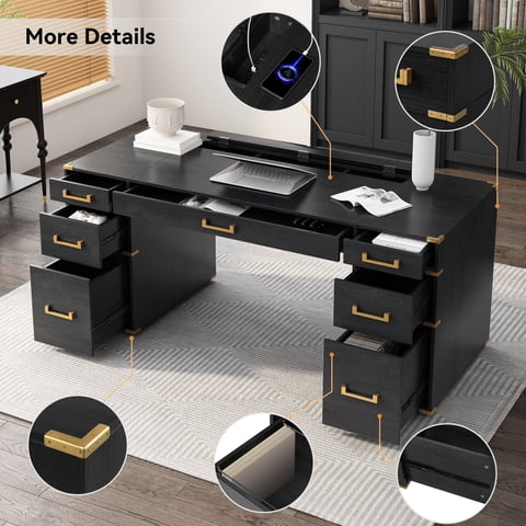 M&Ms - 70"" Extra-Large Classic And Traditional Executive Desk With Metal Edge Trim ,Writing Desk With 2 File Drawers,Usb Ports And Outlets,Desk With Hidden Compartment For Living Room,Home Office,Study Room,