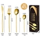 thumbnail image 4 of Juego de cubiertos dorados de 24 piezas, para 6 personas, de acero inoxidable, incluye cucharas, tenedores y cuchillos, ideal para cocina, hogar, oficina, restaurante, hotel., 4 of 5