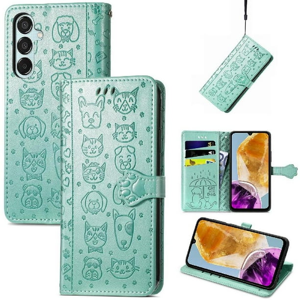 Funda Cartera FOXDOCK para Samsung Galaxy M15 , Flip PU con Relieve de Gatos y Perros, Tarjetero y Soporte