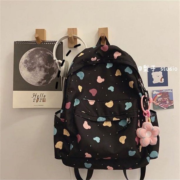 Girls Cute Print Large Capacity Preppy Backpack, Nylon Lightweight School Campus Daypack, Fashion Kawaii Travel Commuter Bag