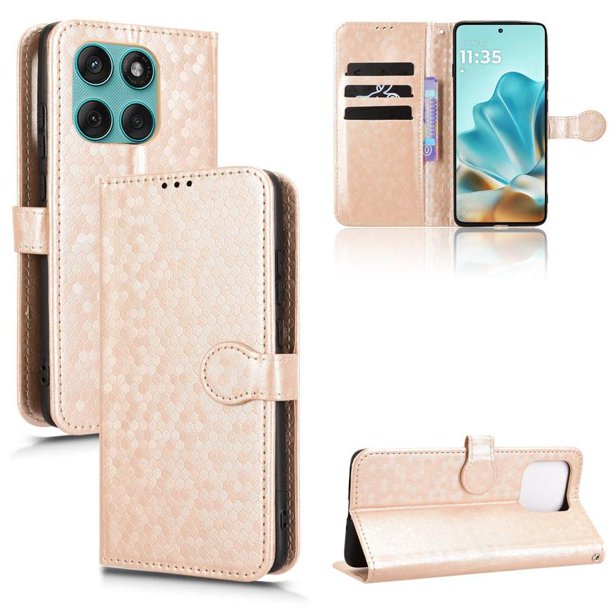 Funda Cartera Lunares Motorola Edge 5G 2025 con Tarjetero, Correa y Soporte Oro