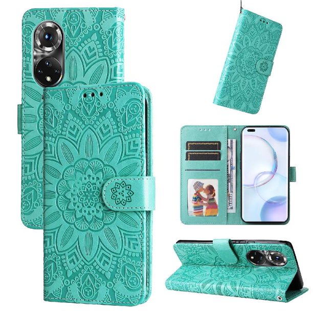 Funda tipo cartera FOXDOCK para Honor 50 Pro , diseño girasol en relieve, cuero PU, cierre magnético, soporte y tarjetero