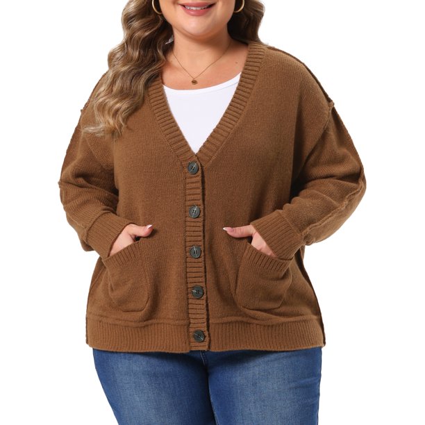 Agnes Orinda Conjuntos de Halloween para Mujeres Tallas Grandes Cárdigan de Punto Cuello en V Manga Larga Abotonado Abrigo Suéter de Otoño Invierno con Bolsillos 1X Marrón Oscuro
