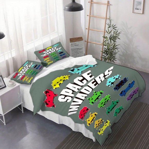 3pcs Space Invaders Game Character Poster Duvet Cover Set - Includes a Duvet Cover And Pillowcases Bedding