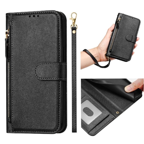 Funda tipo cartera para Negroview A52/A52 Pro con bolsillo con cremallera, tarjetero, soporte, correa para la muñeca y tapa de cuero Negro
