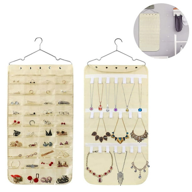 Organizador de joyas colgante de doble cara con 40 bolsillos y 20 ganchos para cinta adhesiva, organizador de collares y cadenas.