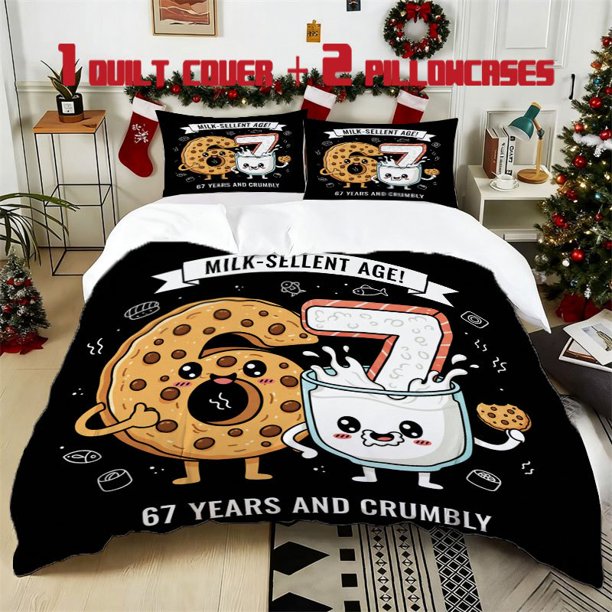 3pcs 67 Cookies Milk Printed Bedding Set Soft Duvet Cover with 2 Pillowcases All Season Comfort