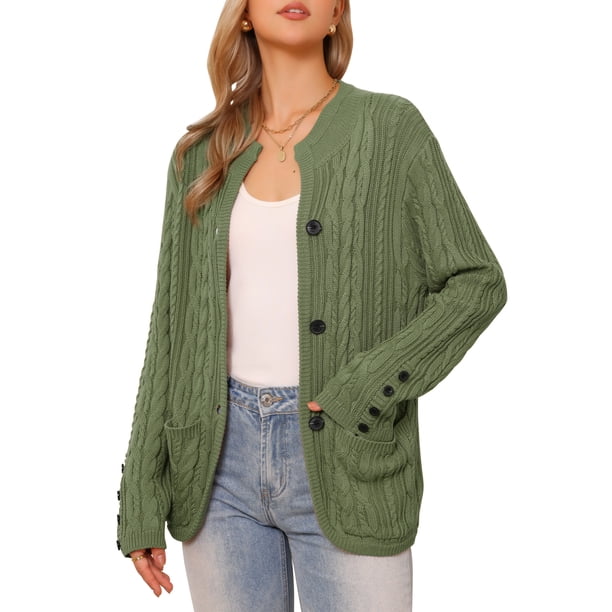 INSPIRE CHIC Cárdigan Suéteres para Mujeres Abierto al Frente con Botones Manga Larga Otoño Casual Tejido de Punto con Bolsillos M Verde Militar