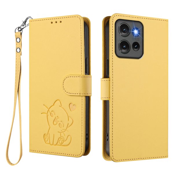 Funda Billetera con Relieve de Gato para Motorola Edge 50 5G, Amarillo
