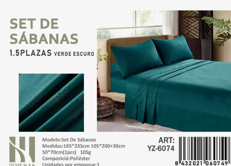 Tecnocasa - Set De Sabanas Plaza Y Media Verde 200 Hilos + 1 Funda De Almohada