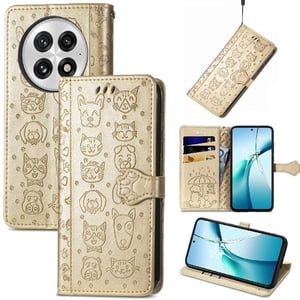 Funda Cartera Foxdock Para Oneplus 13 , Flip Pu Con Relieve De Gatos Y Perros, Tarjetero Y Soporte