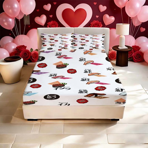 Japanese Sushi Print Fitted Sheet Theme Fitted Sheet Fitted Sheet Pillowcase Set Soft Comfortable Suitable for Home And Bedroom Gue