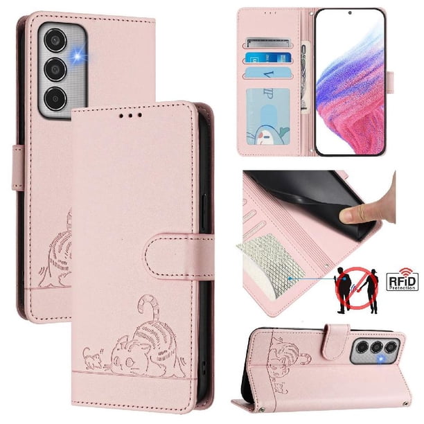 Funda tipo cartera FOXDOCK para Samsung Galaxy M35 con soporte, ranuras, RFID, diseño de gato