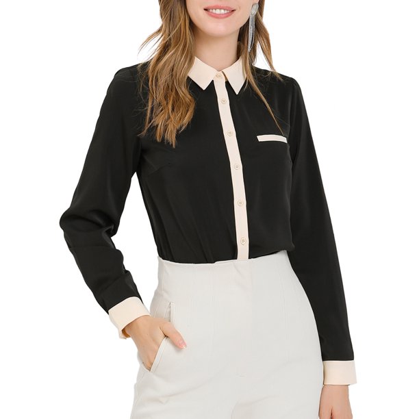 INSPIRE CHIC Camisa de trabajo de manga larga con botones y bloques de color para mujer, regreso a clases, talla S, negro