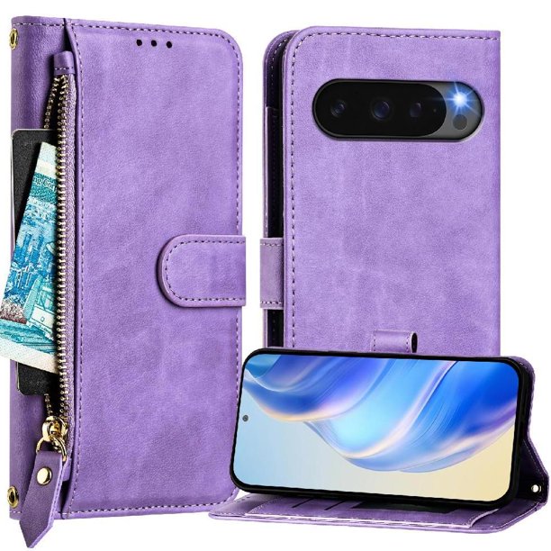 Funda Billetera Cremallera para Google Pixel 10 5G con Porta Tarjetas, Soporte y Correa Morado