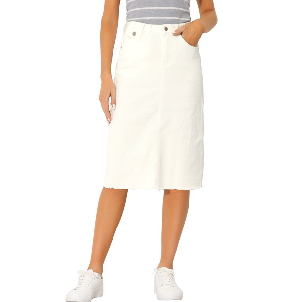 INSPIRE CHIC Falda de Mezclilla de Cintura Alta para Mujer Falda de Jean a la Rodilla con Dobladillo Deshilachado y Bolsillos Crema Blanco XL