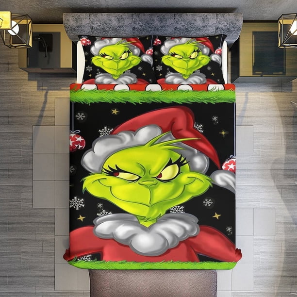 Comforter Set Queen Size Christmas Grinch Set with 2 Pillowcases for All SeasonsBedding Set 3pcs for Kids Boys Girls Bedroom Decor Bed Sheets