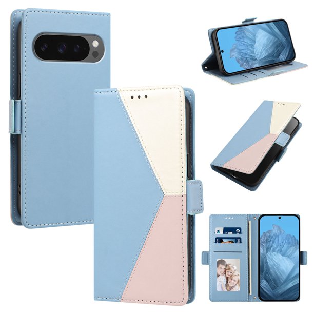 Funda Cartera Tricolor para Google Pixel 10 Pro XL 5G con Soporte, Azul Claro